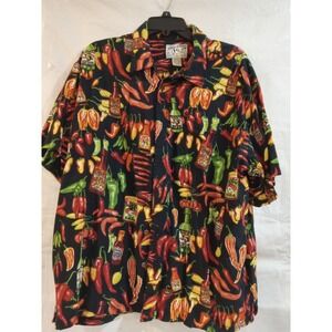 Big Dogs Mens XL Chili Pepper Hot Sauce Rayon Short Sleeve Button Up Shirt Black